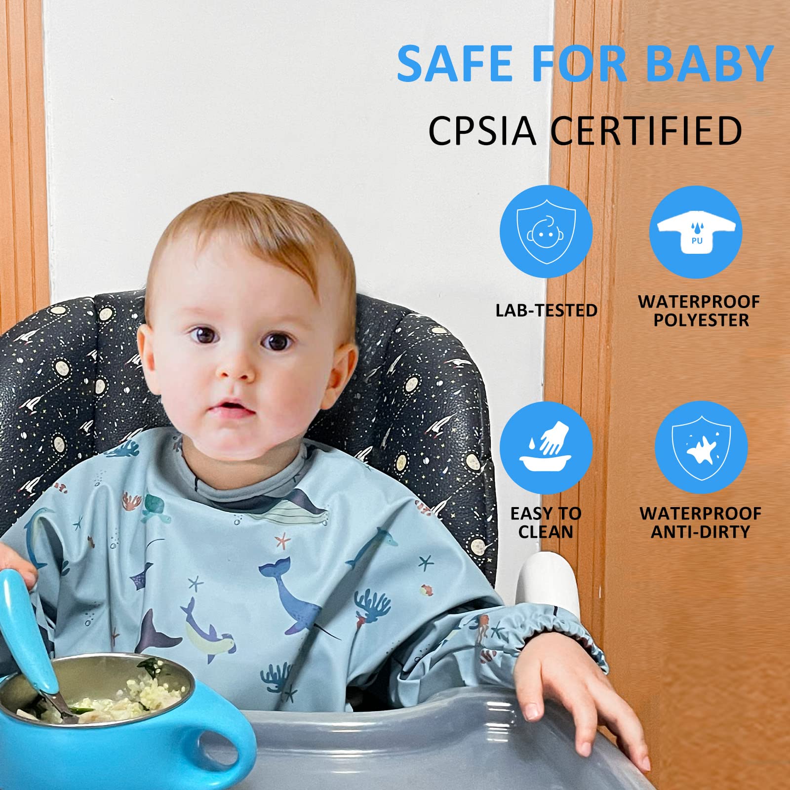 HALAA VAUVA washable long sleeve bib is easy to clean after meals.