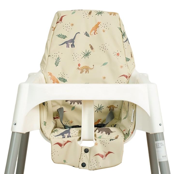 HALAA VAUVA high chair cover front view with dinosaur print and snug padding for comfort