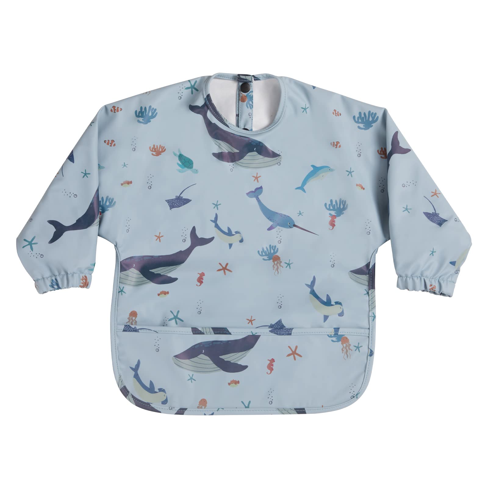 HALAA VAUVA long sleeve bib front view; keeps outfits clean during meals.