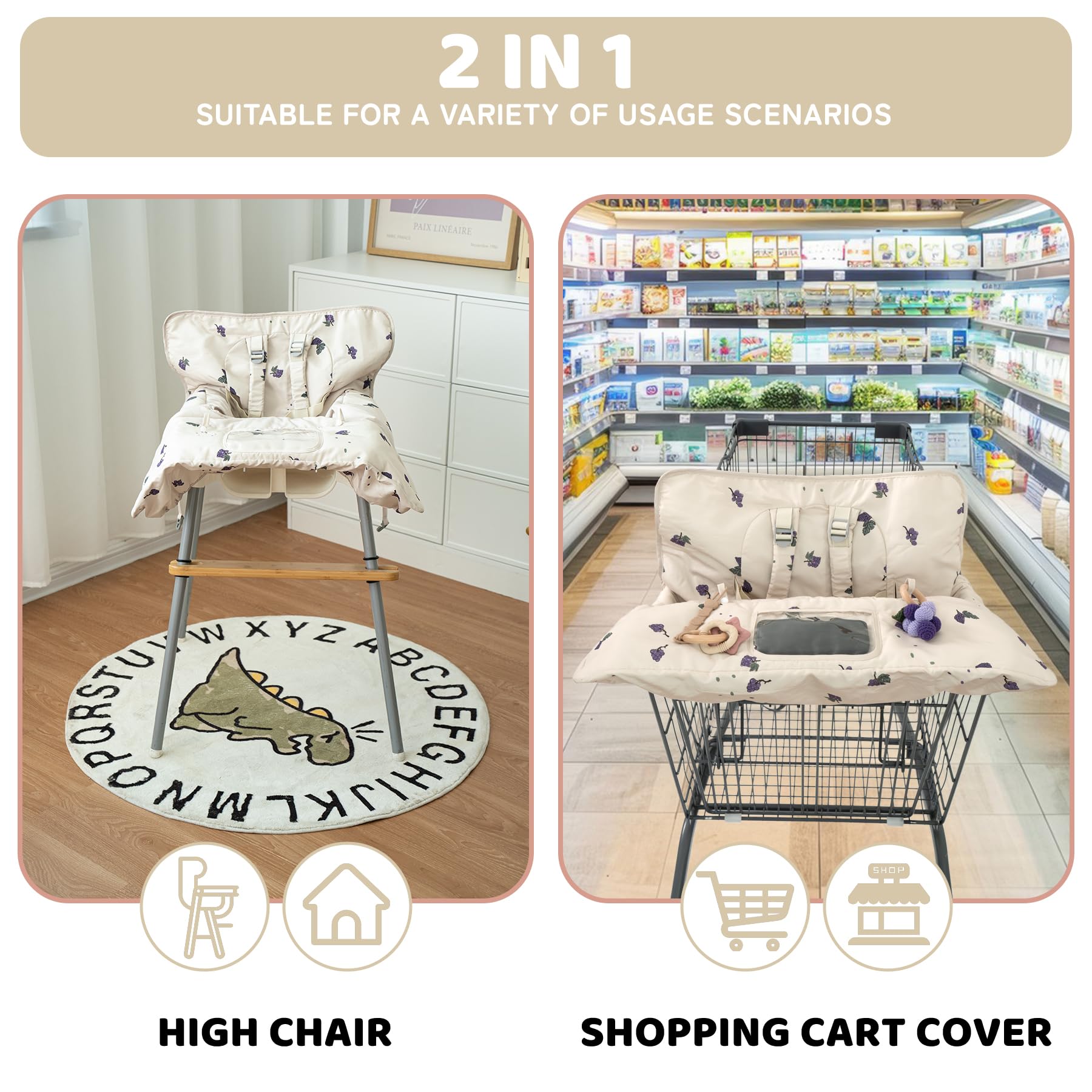 HALAA VAUVA multi-use cart cover grape pattern provides comfort for shopping trips