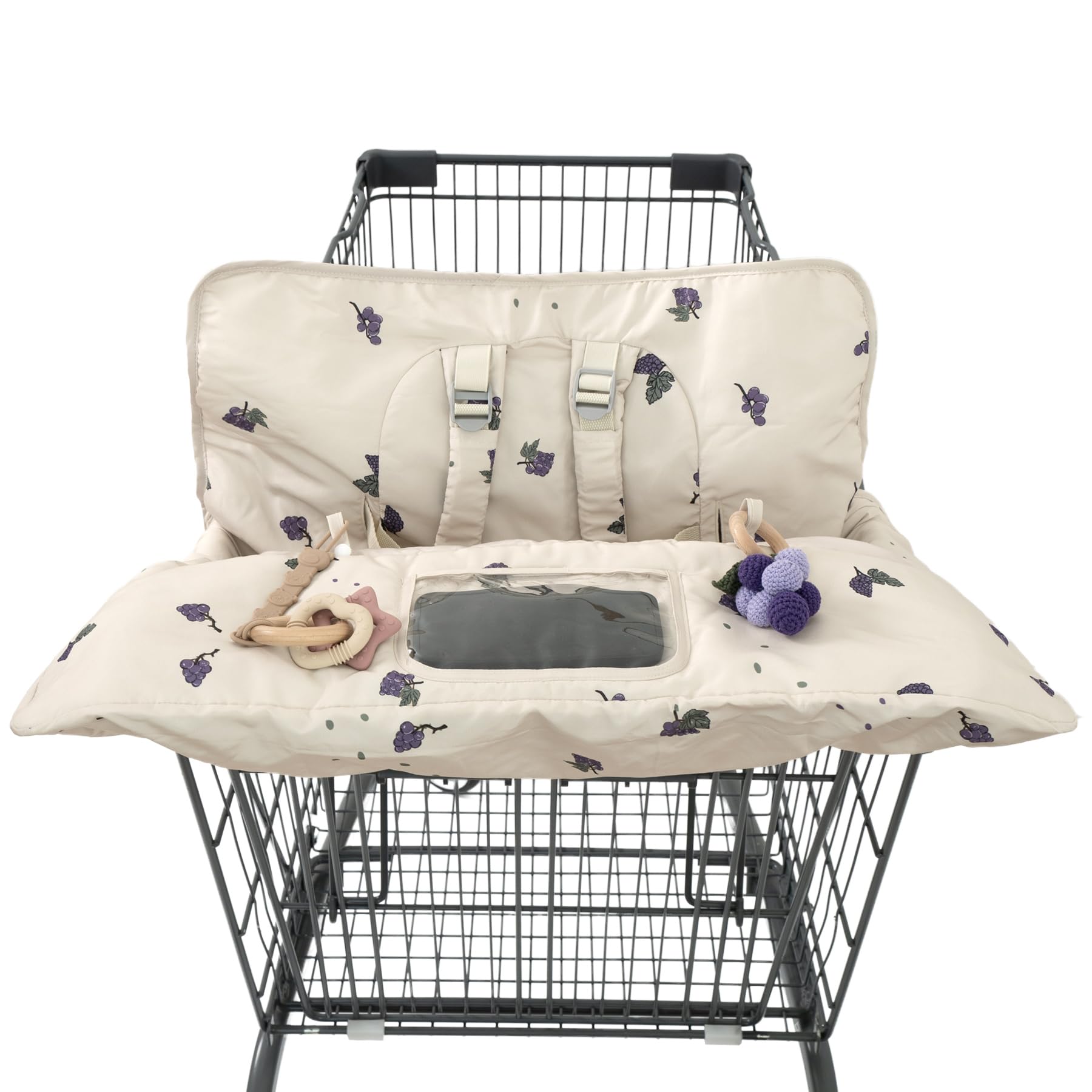 HALAA VAUVA shopping cart cover in grape closeup offering clean seating for baby