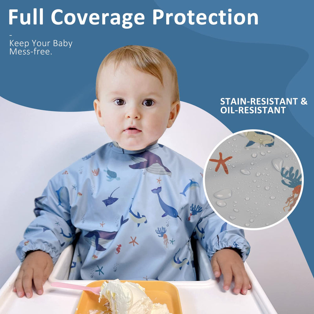 HALAA VAUVA waterproof sleeve bib protects clothes and highchair surfaces.