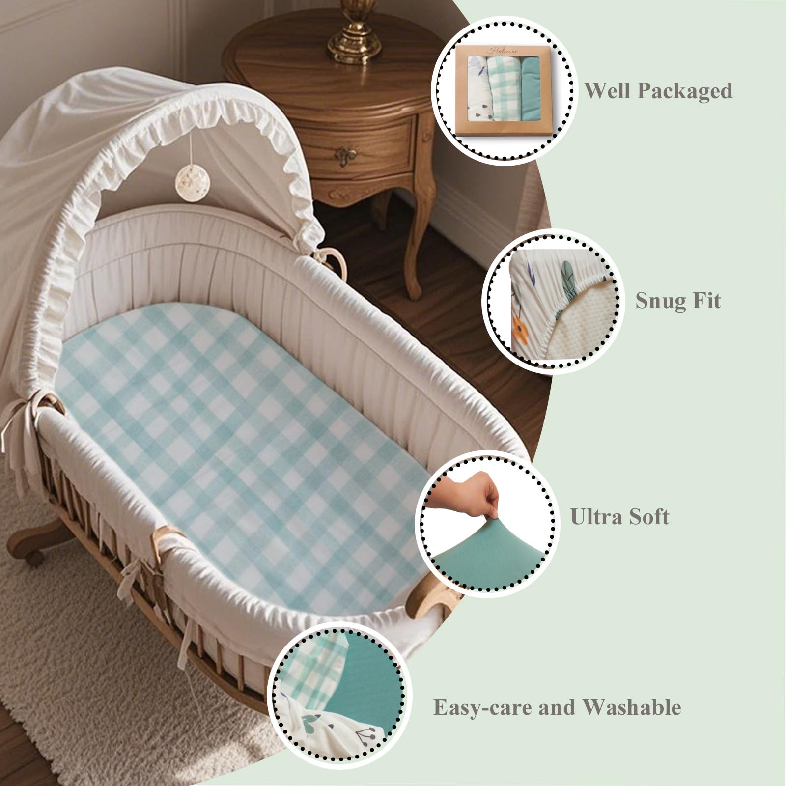 Haleeone bassinet sheets with elastic edges provide a snug fit on standard 20x33 mattresses.