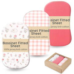 Haleeone pink 3-pack bassinet sheets in ultra-soft jersey cotton for gentle baby comfort.