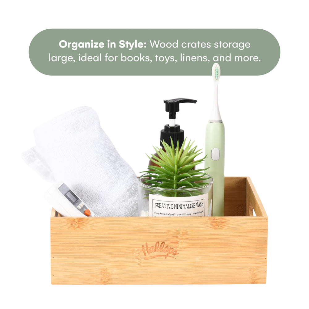 Hallops rustic wooden crate serves as versatile shelf decor.