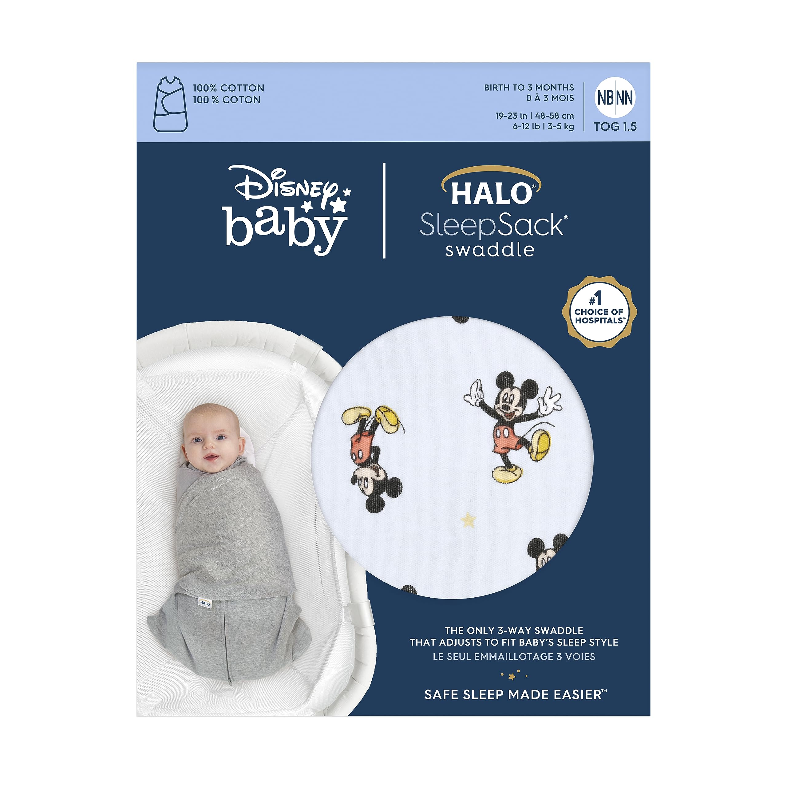 HALO 3-way adjustable swaddle for customizable comfort as baby grows.