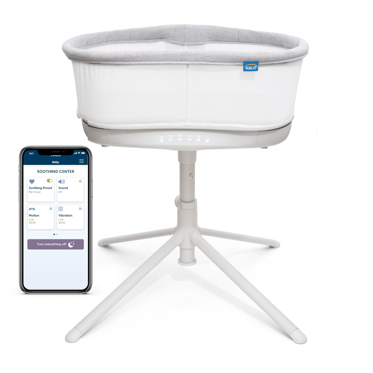 HALO BassiNest 3.0 swivel sleeper with bedside access for easier nighttime soothing.