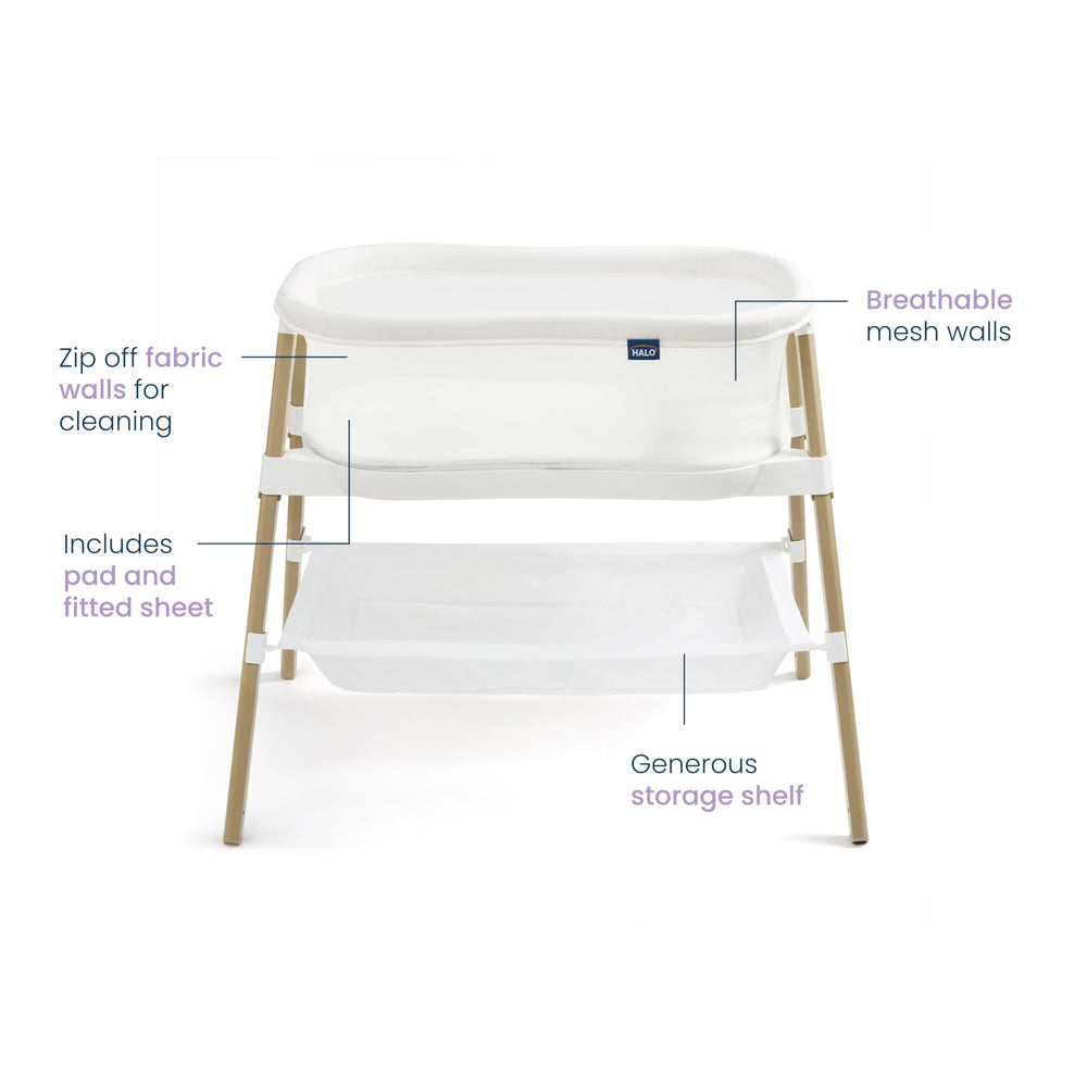 Halo BassiNest Essential Sleeper mesh sides enable visibility and airflow for peaceful naps.
