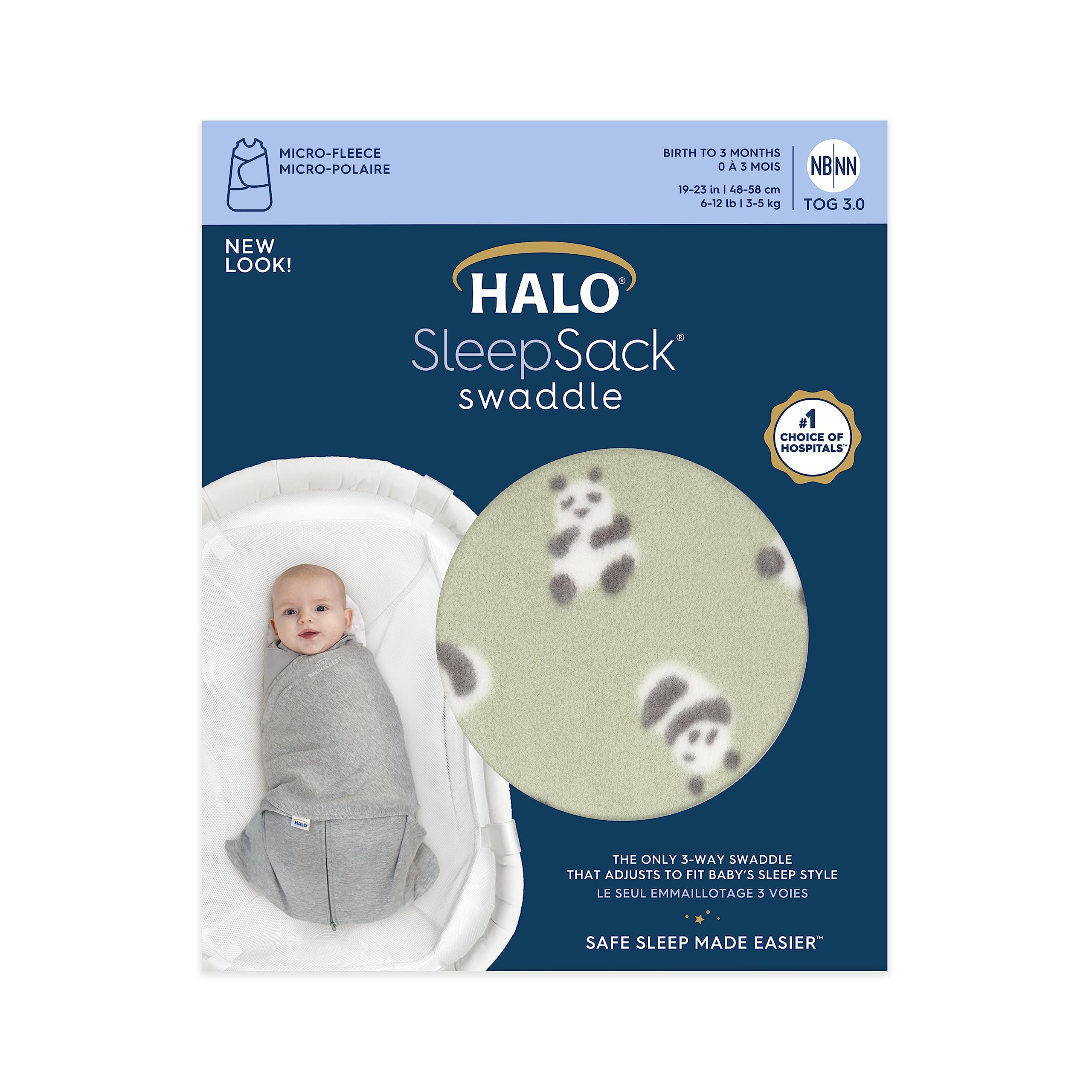 HALO Cozy Pandas Sleepsack Swaddle 3-way adjustable arm options for growing babies.
