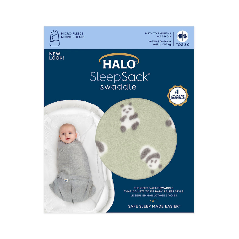 HALO Cozy Pandas Sleepsack Swaddle 3-way adjustable arm options for growing babies.