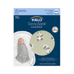 HALO Cozy Pandas Sleepsack Swaddle 3-way adjustable arm options for growing babies.