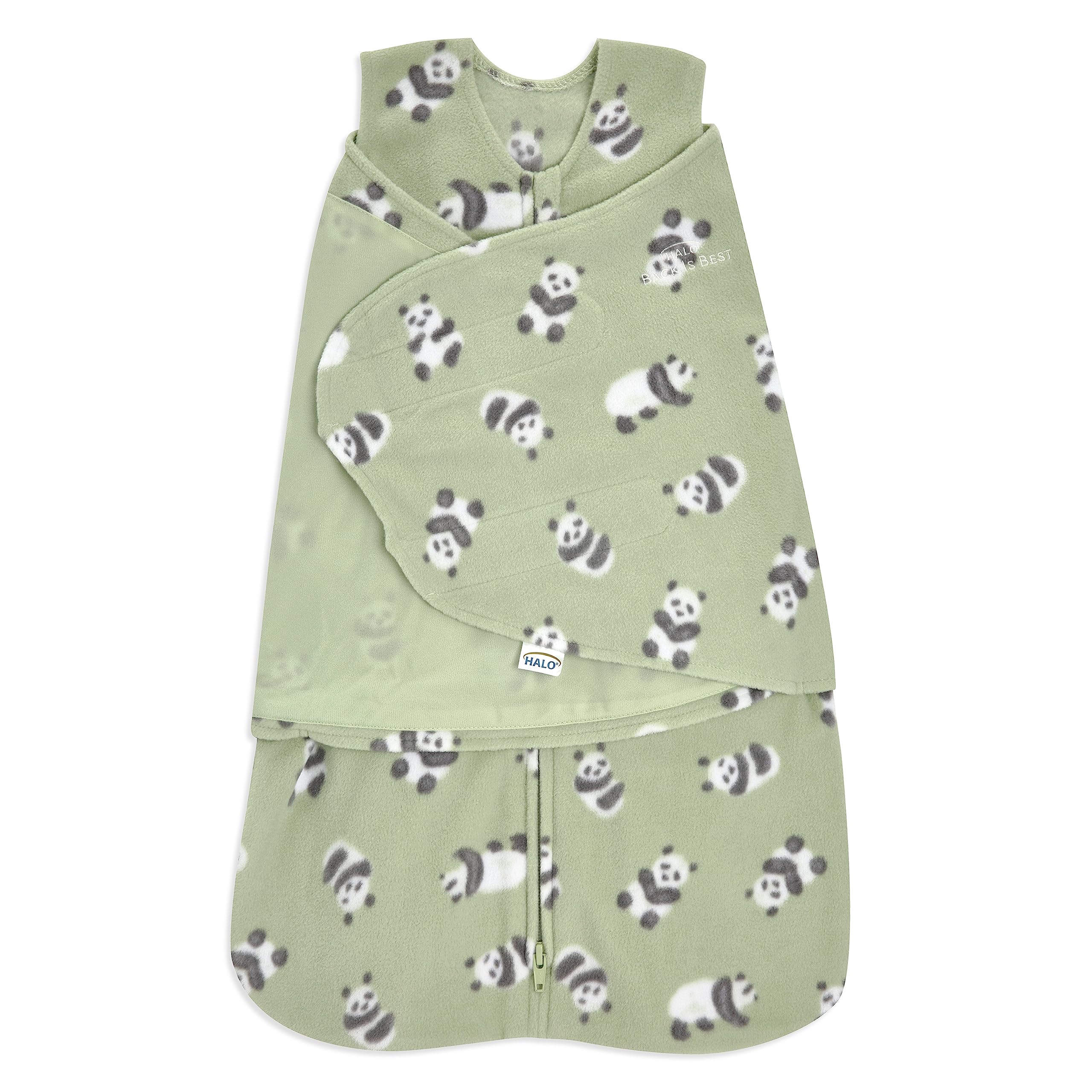 HALO Cozy Pandas Sleepsack Swaddle front view offers a secure wrap for peaceful nights.