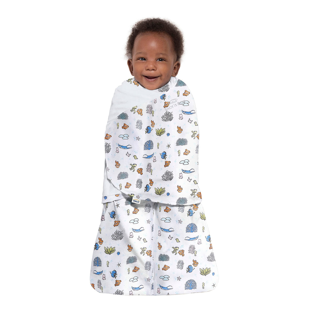 HALO 3-way adjustable swaddle with arms-in, one-arm-out, or two-arms-out for soothing