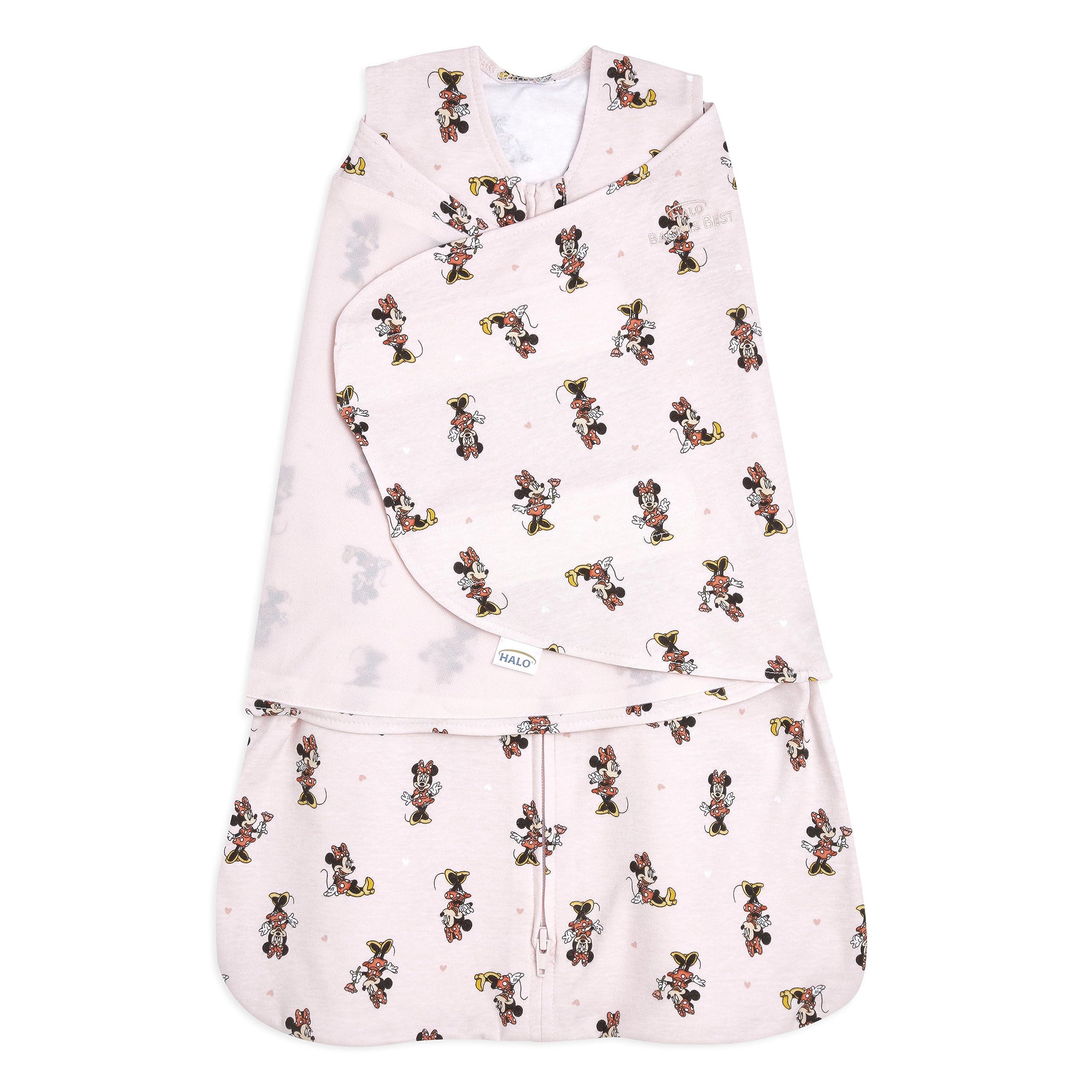 HALO Disney Minnie Fun Sleepsack Swaddle full view shows secure, cozy sleep.