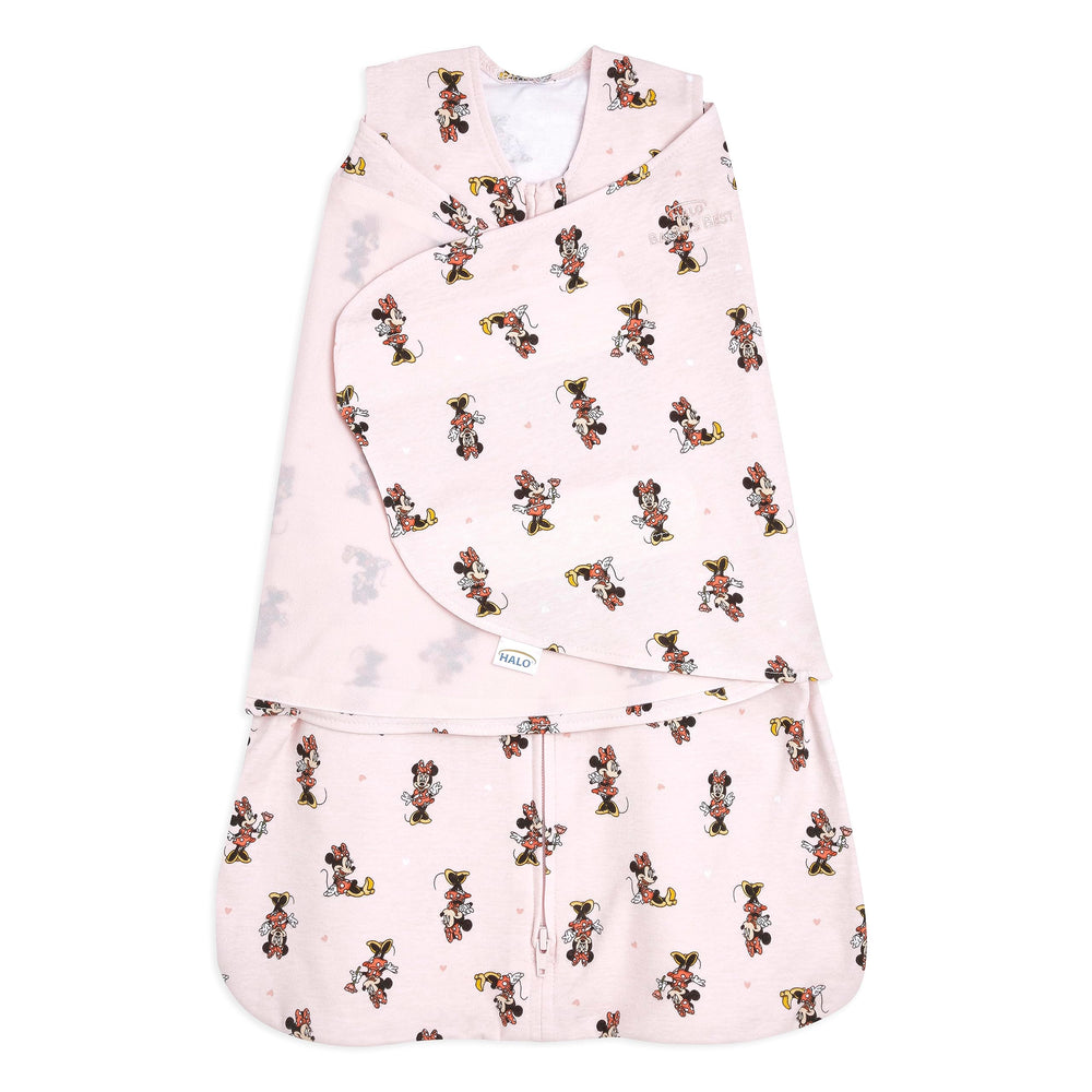 HALO Disney Minnie Fun Sleepsack Swaddle full view shows secure, cozy sleep.