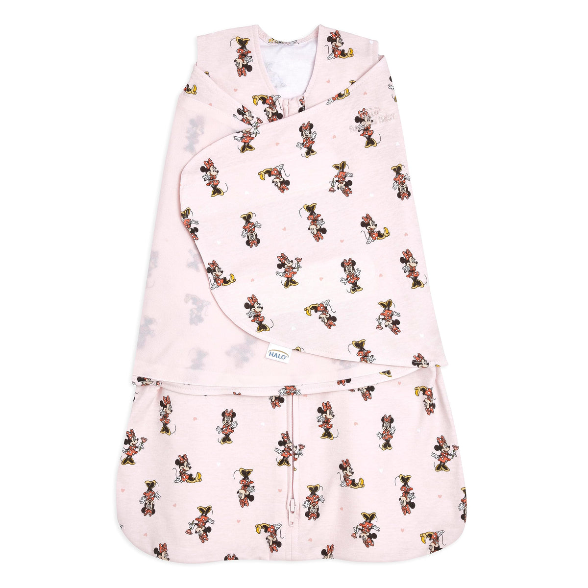 HALO Disney Minnie Fun Sleepsack Swaddle full view shows secure, cozy sleep.