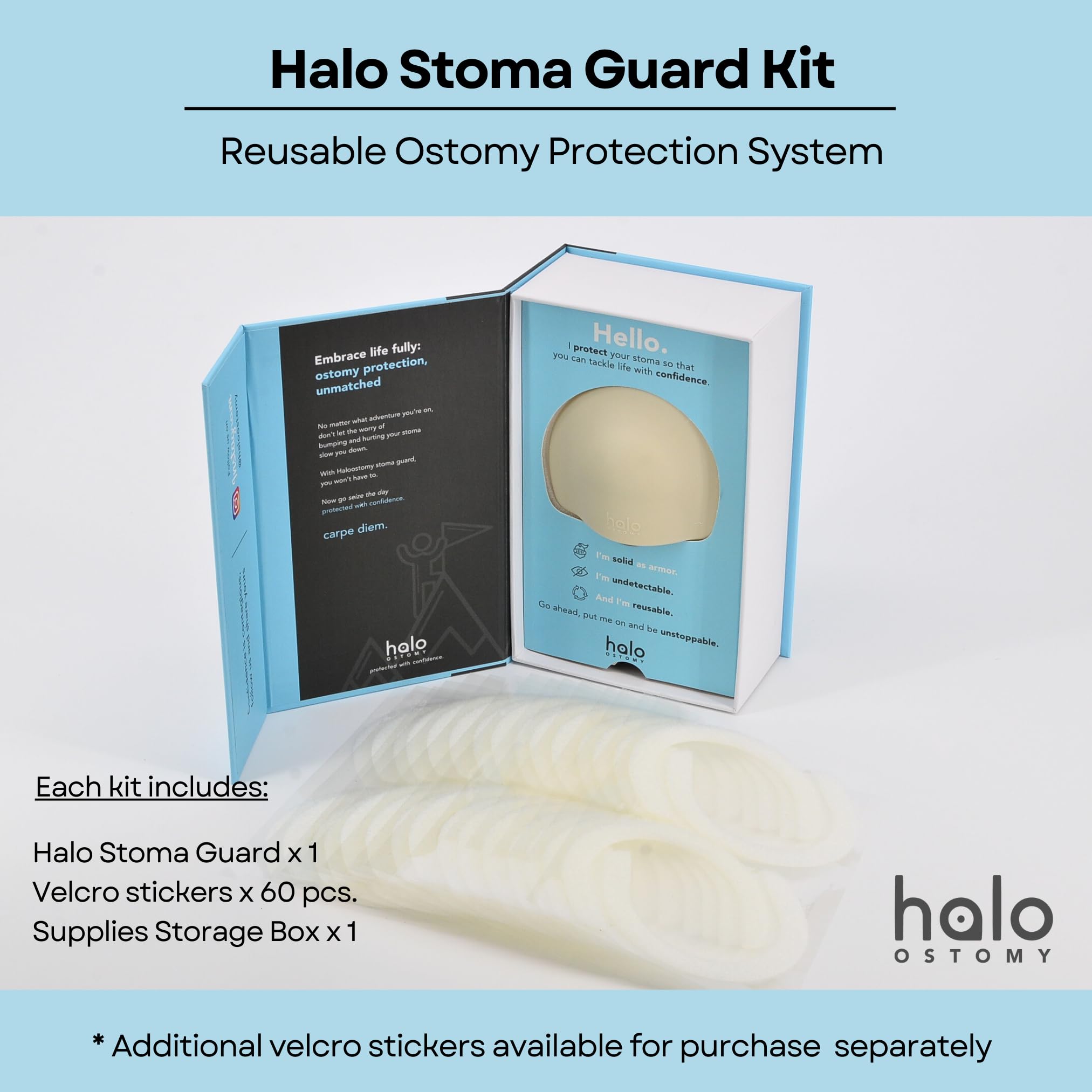Halo Ostomy Stoma Guard paired with ostomy bag covers for versatile use.