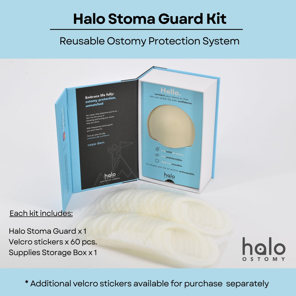 Halo Ostomy Stoma Guard paired with ostomy bag covers for versatile use.