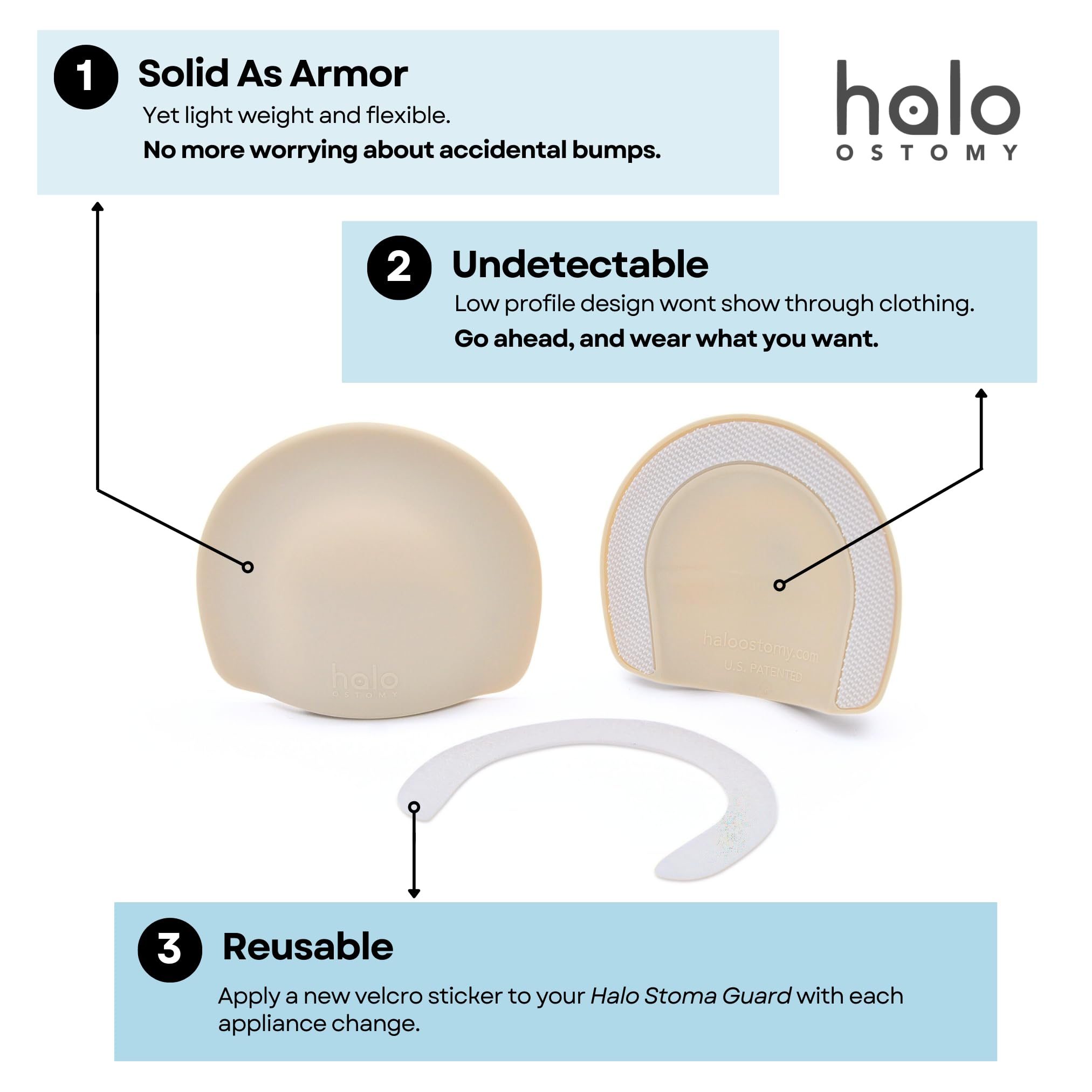 Halo Ostomy Stoma Guard worn under clothing for discreet daily protection.