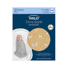 Halo Serengeti Zebra Sleepsack worn by newborn showing gentle stretch for swaddling