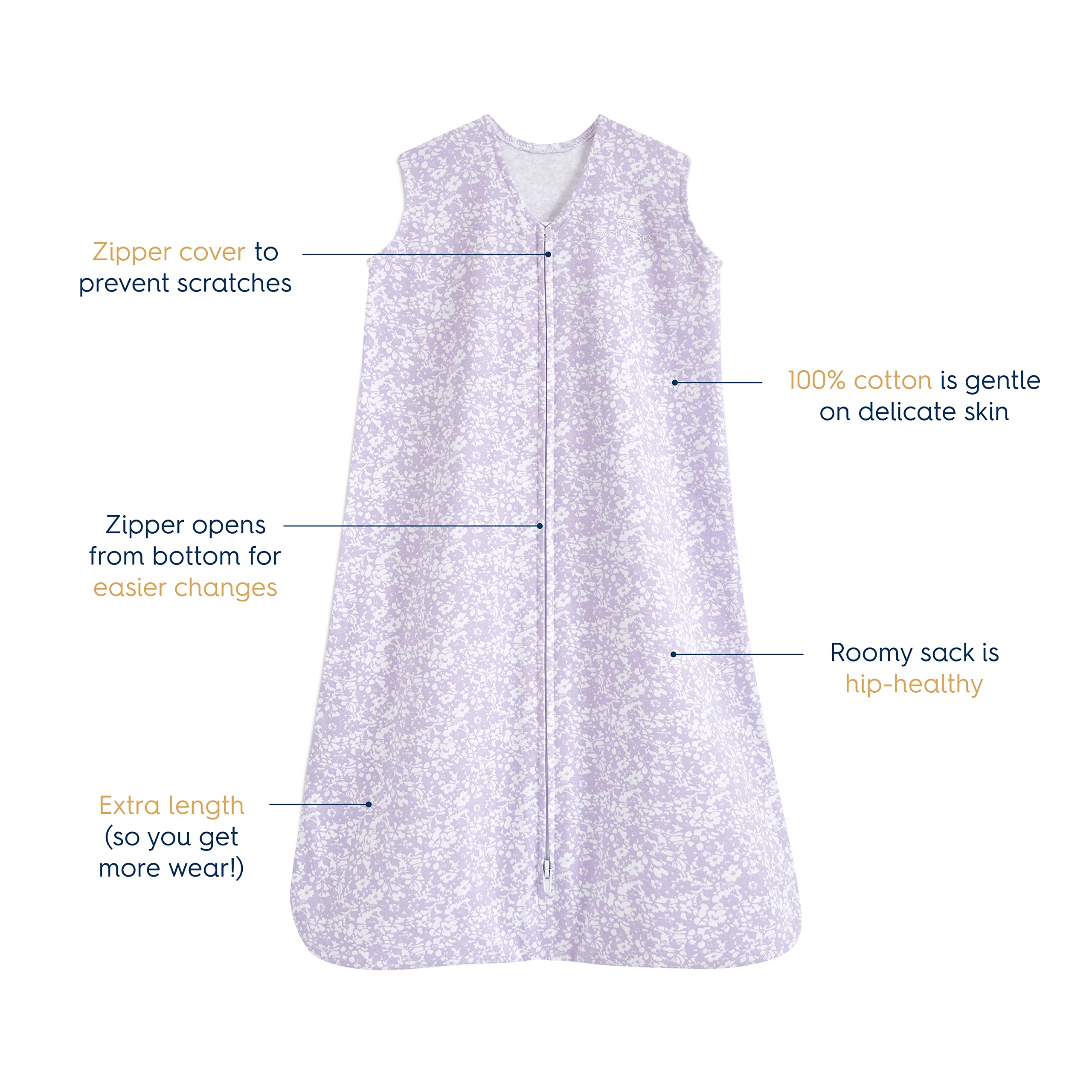 HALO SleepSack Aster Purple, bottom zipper access for quick diaper changes.