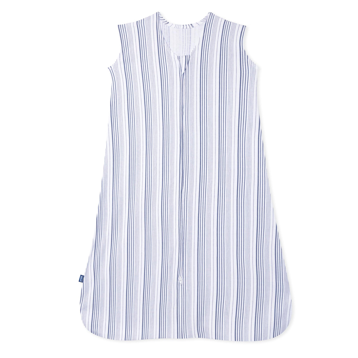 HALO SleepSack blue stripe front view shows a snug wearable blanket for safe sleep