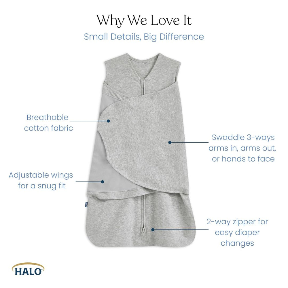 HALO Sleepsack inverted zipper enables easy diaper changes without waking baby.