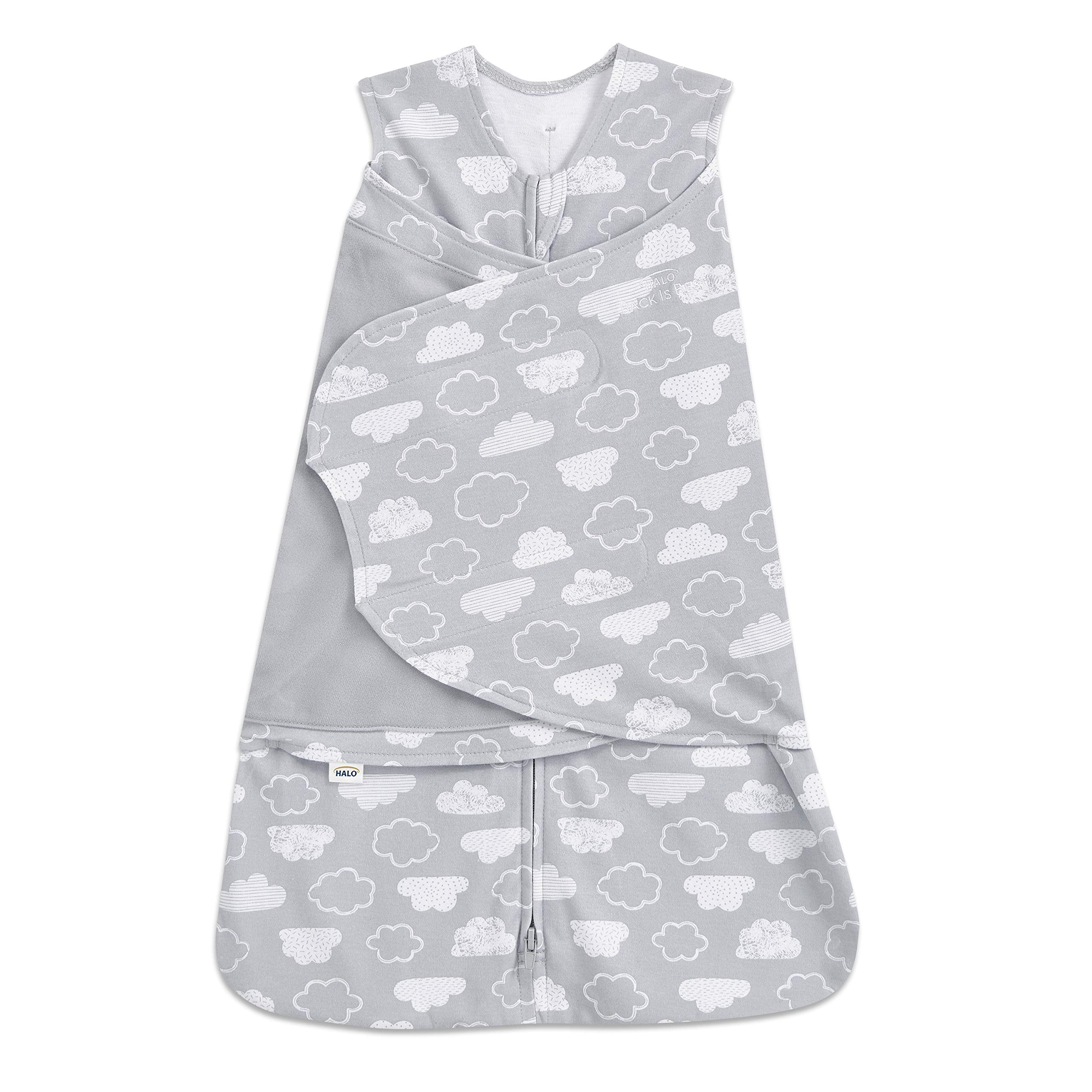 HALO Sleepsack Clouds swaddle design provides secure, cozy wrap for restful sleep.