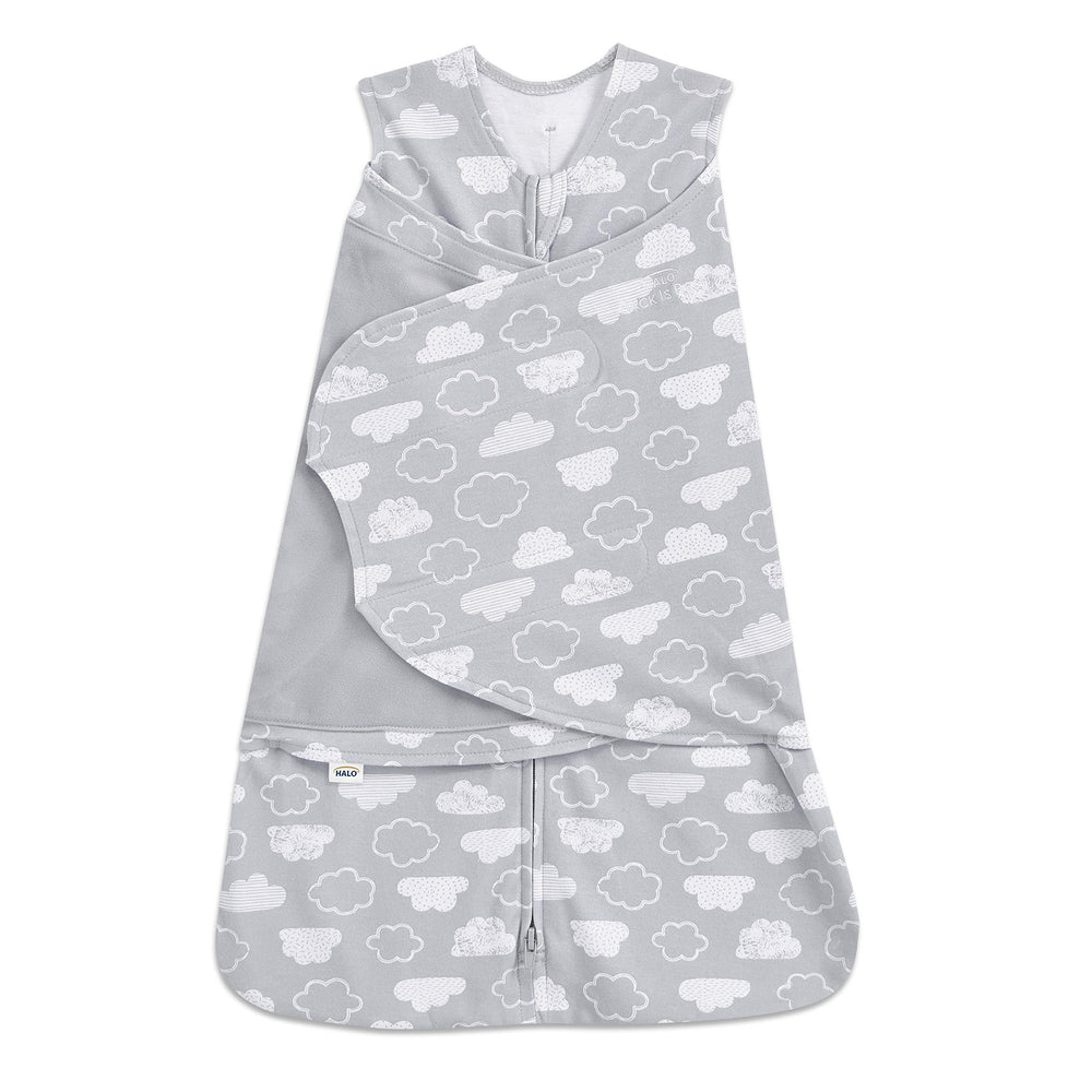 HALO Sleepsack Clouds swaddle design provides secure, cozy wrap for restful sleep.