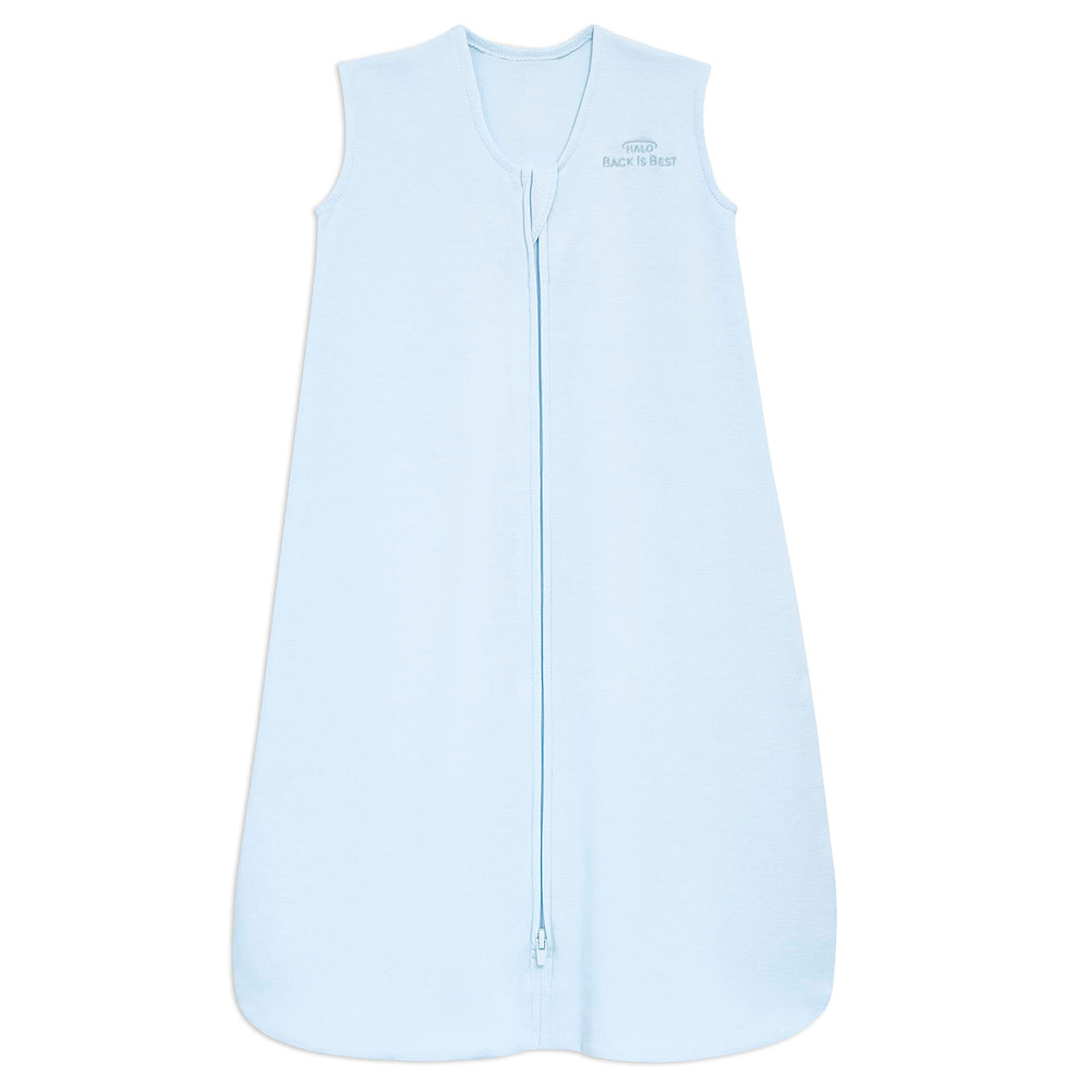 Halo Sleepsack cotton wearable blanket in baby blue for safer, warmer sleep.
