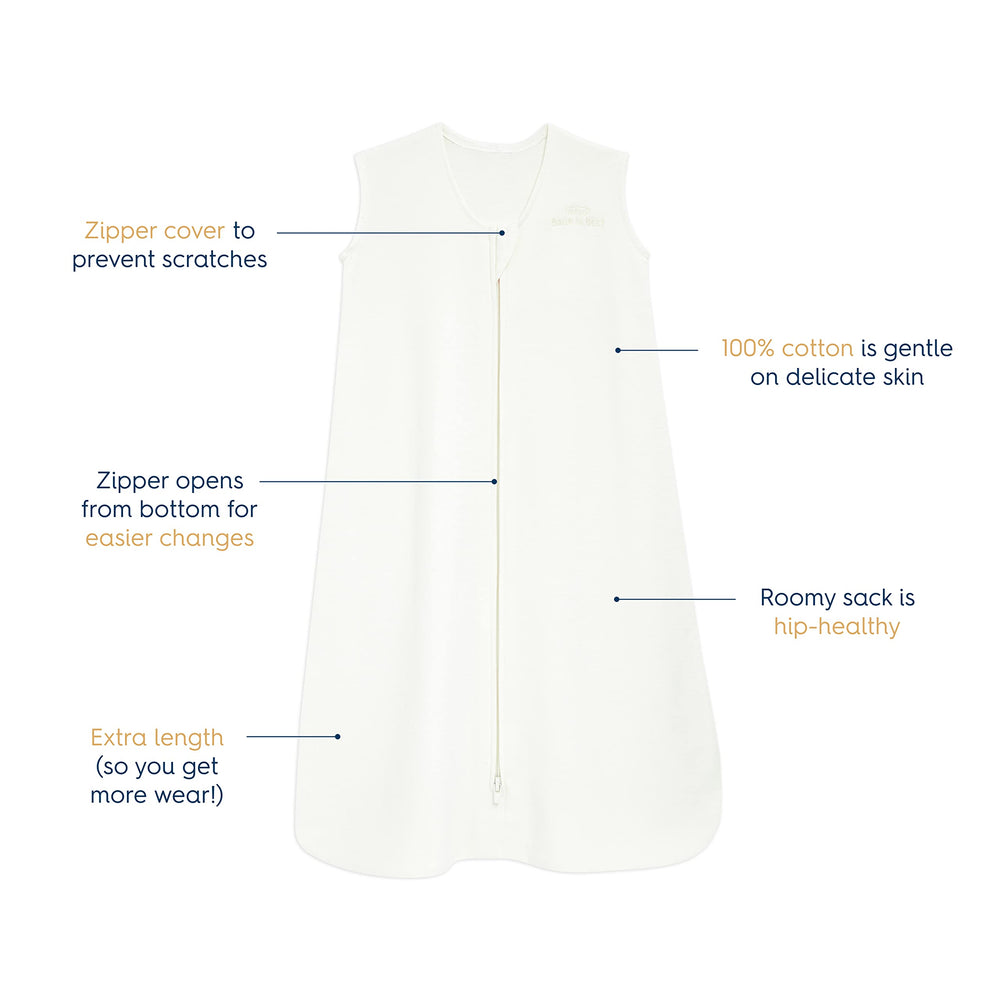 HALO SleepSack cream large on baby demonstrates safe sleep without blankets.