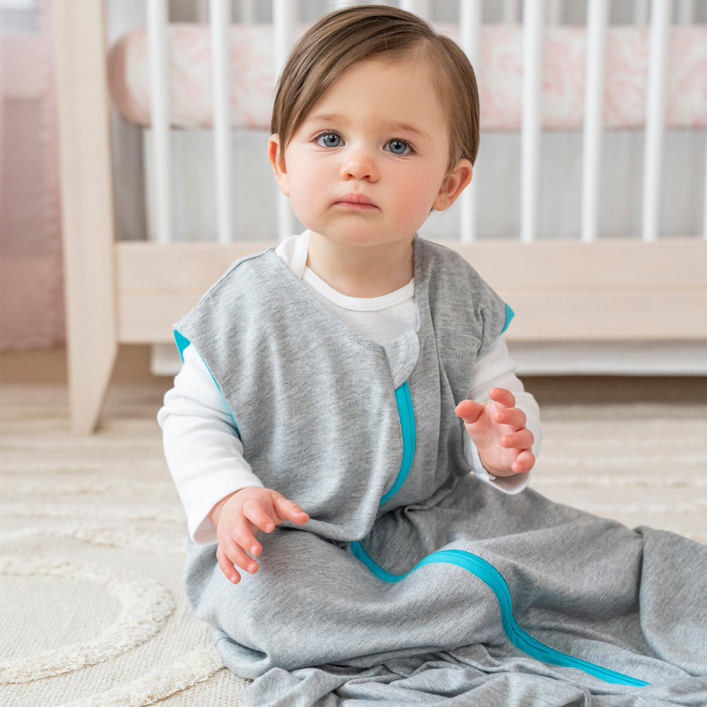 Halo Sleepsack Heather Grey/Aqua colorway offers cozy, easy-care bedtime comfort