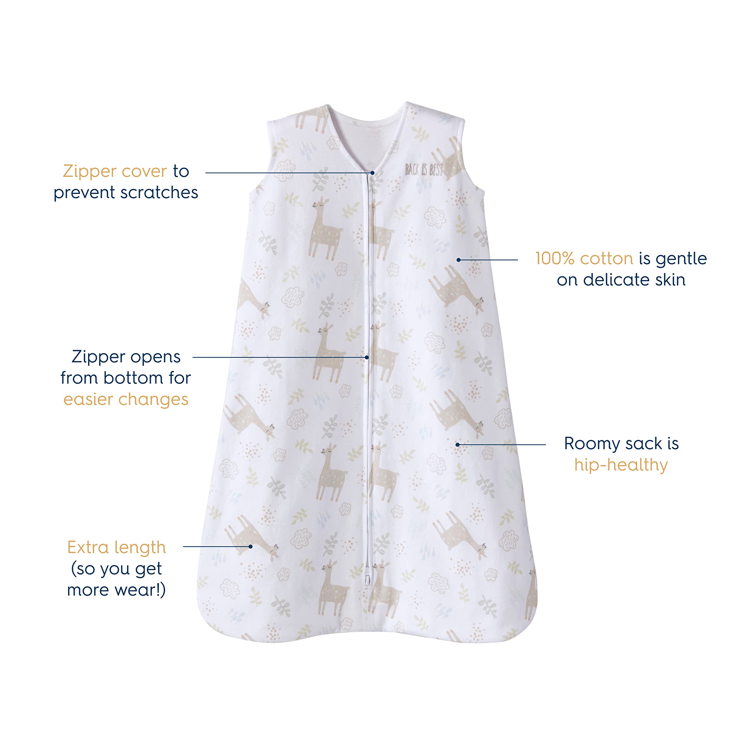 Halo SleepSack llama sand bottom zipper for quick, clean diaper changes.