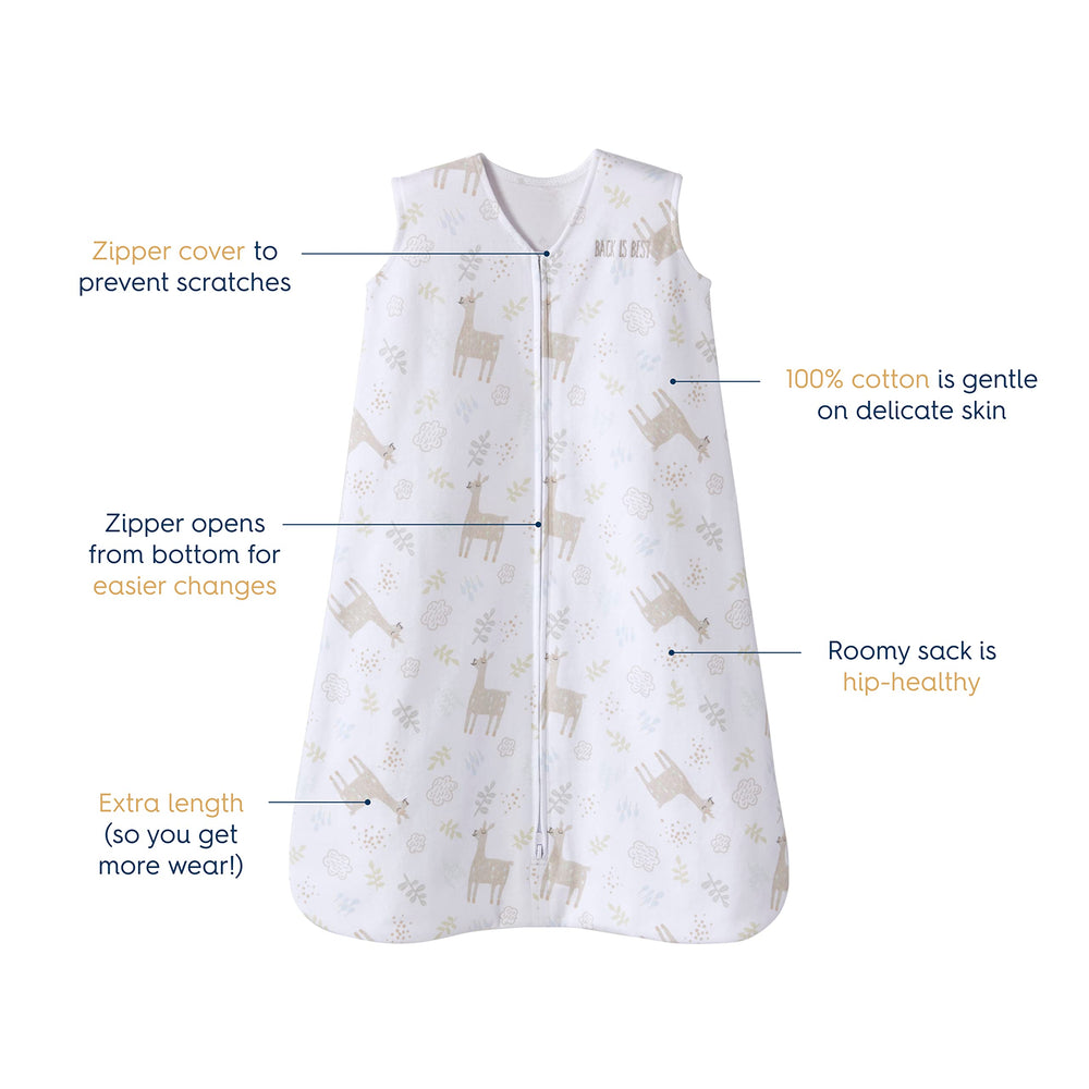 Halo SleepSack llama sand bottom zipper for quick, clean diaper changes.