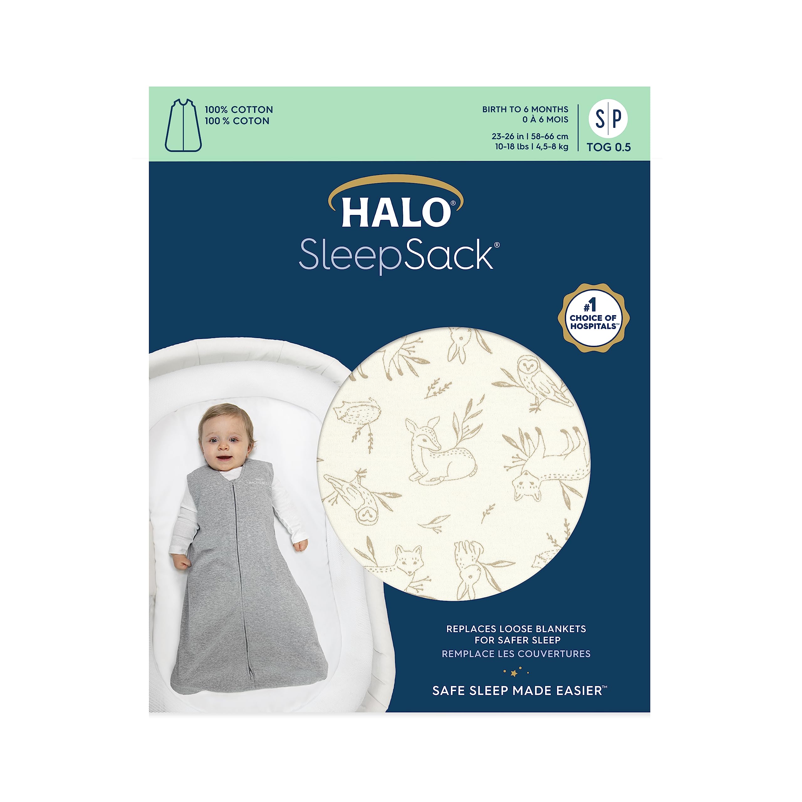 HALO SleepSack Lullaby Forest fabric close-up shows breathable 100% cotton material
