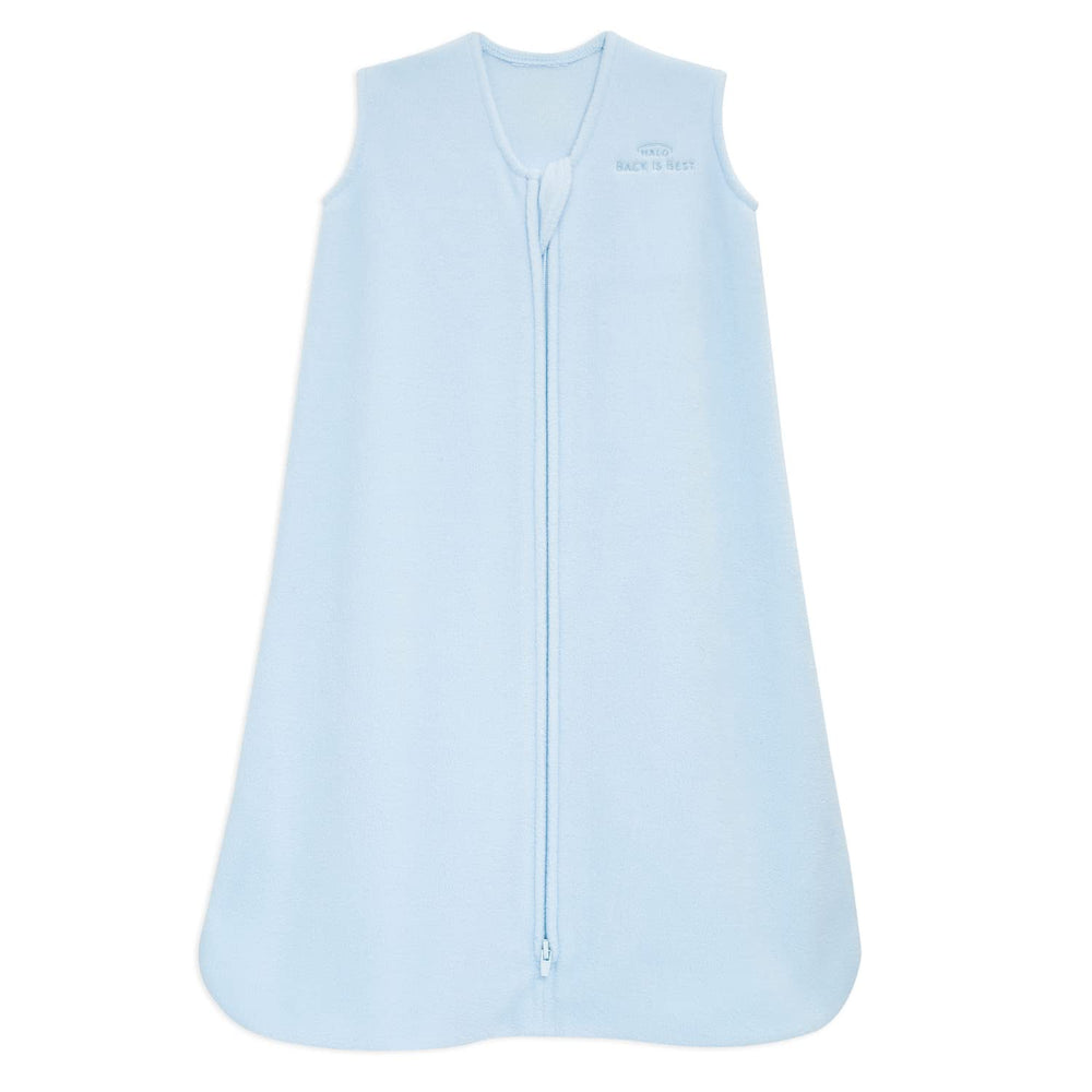 HALO Sleepsack front view in baby blue shows cozy micro-fleece warmth for safe sleep