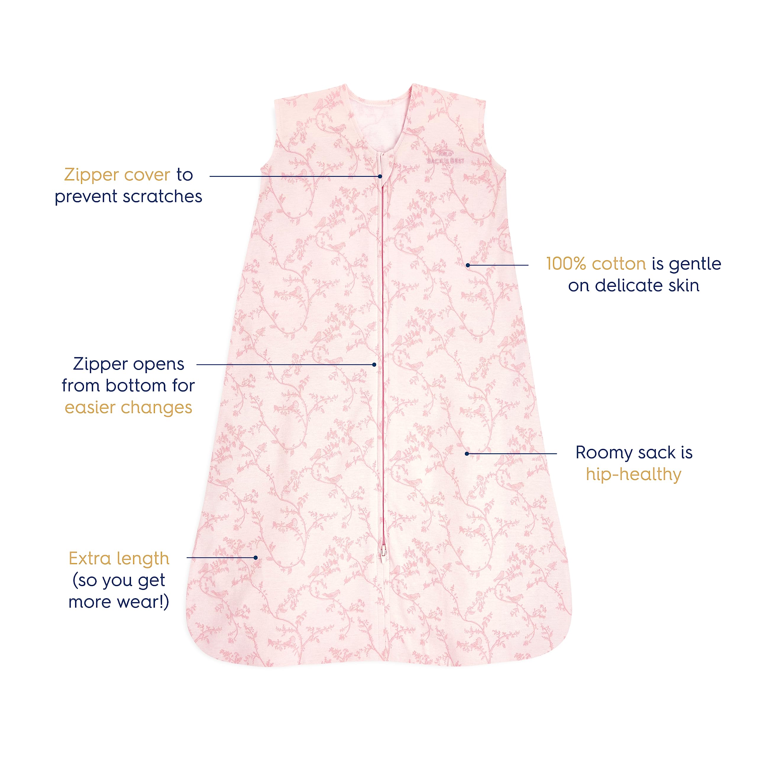 HALO SleepSack pink toile diaper-access zipper enables quick changes