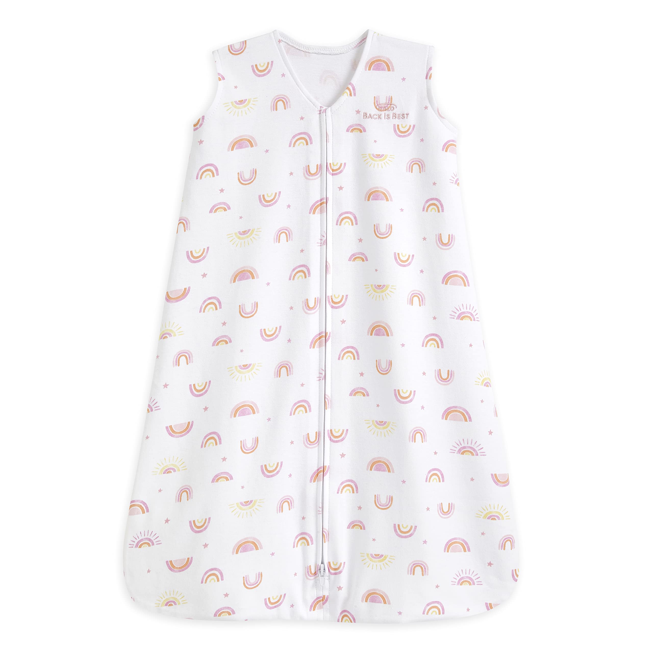 HALO SleepSack Sunshine Rainbows packshot showing a cozy cotton wearable blanket.