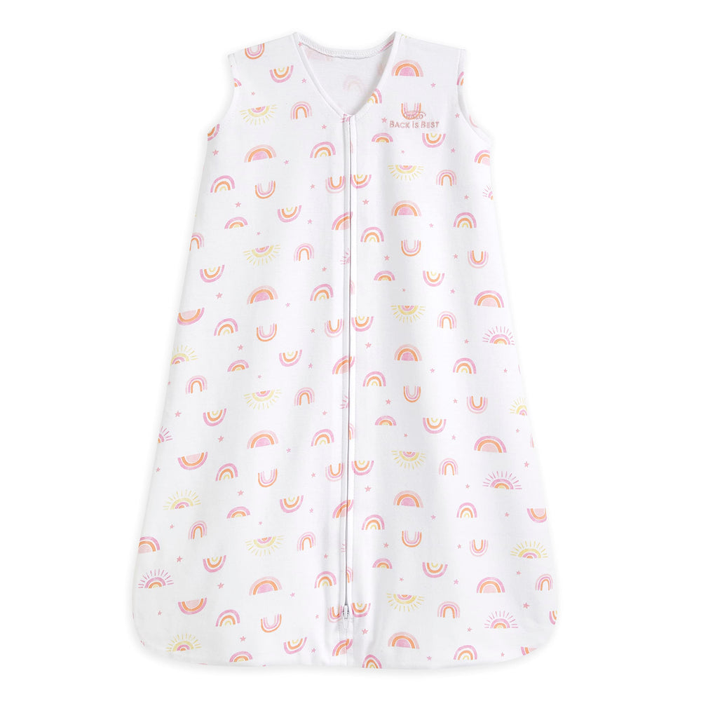 HALO SleepSack Sunshine Rainbows packshot showing a cozy cotton wearable blanket.