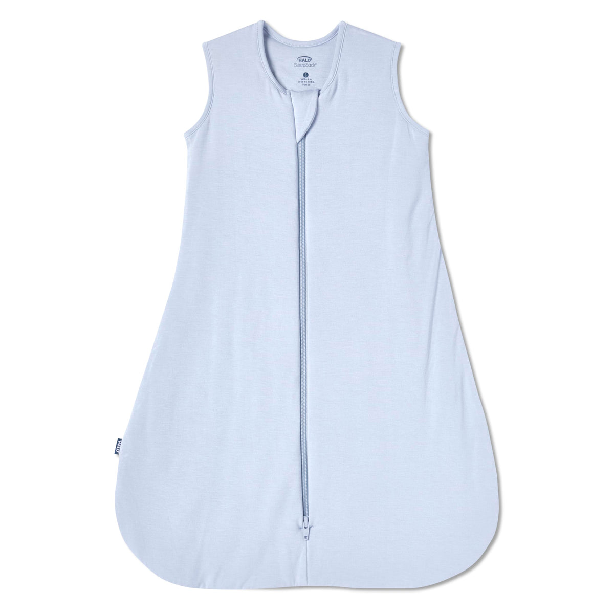 Halo Sleepsack Supersoft Blue Fog front view shows breathable bamboo viscose for comfortable sleep