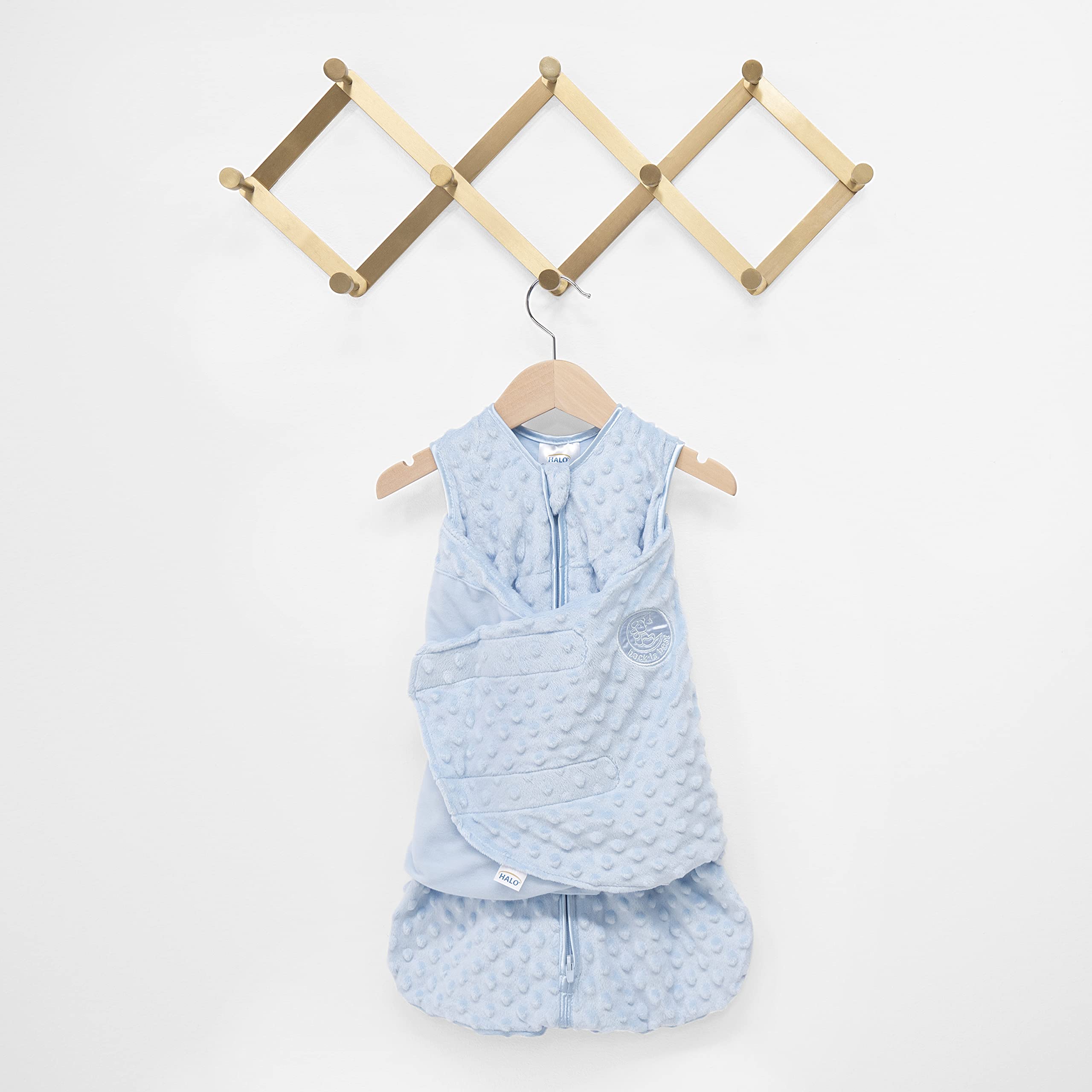 HALO SleepSack Swaddle 3-way adjustment fasteners for secure fit.