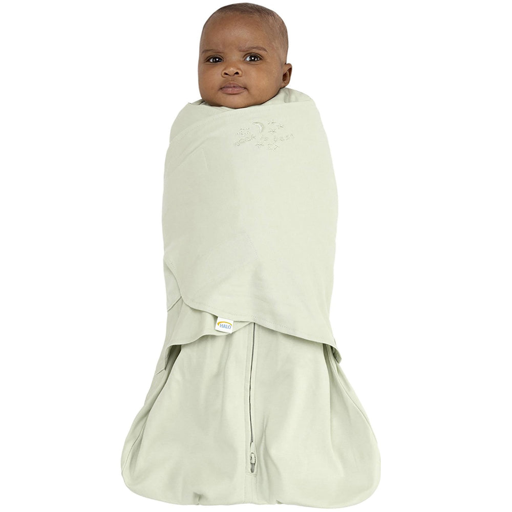 HALO Sleepsack Swaddle Sage arm-in fit close-up demonstrates secure 3-way options.