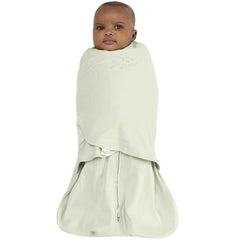 HALO Sleepsack Swaddle Sage arm-in fit close-up demonstrates secure 3-way options.