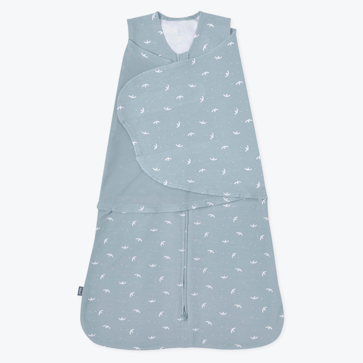 HALO Sleepsack Swaddle birds small front view, safe and cozy for infants aged 3-6 months.