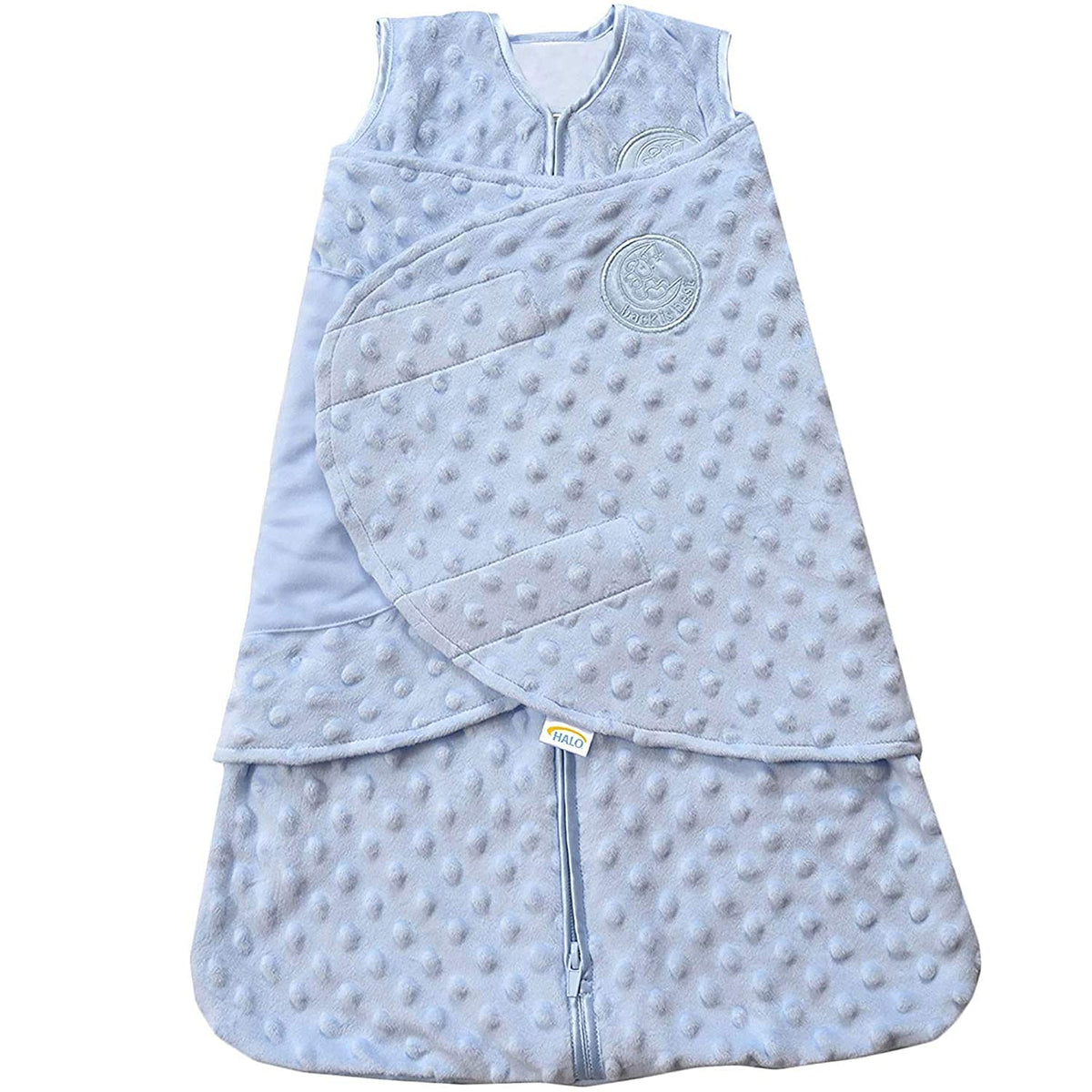 HALO SleepSack Swaddle Plush Dot Velboa front view shows cozy warmth.