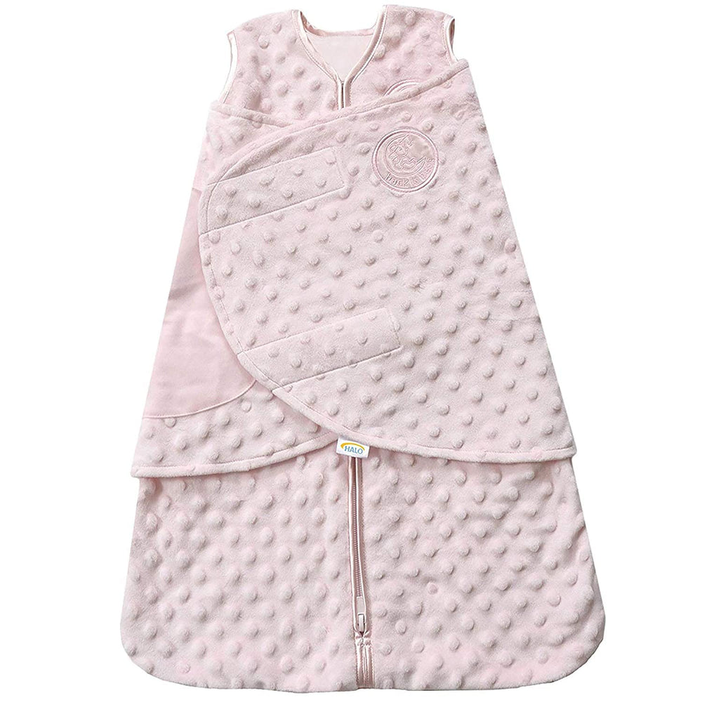 HALO Sleepsack Swaddle with plush dot velboa keeps newborn cozy and secure.