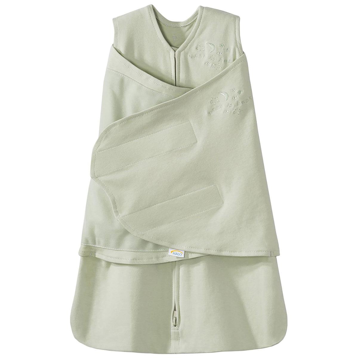 HALO Sleepsack Swaddle Sage fabric close-up shows soft cotton texture for cozy swaddling.