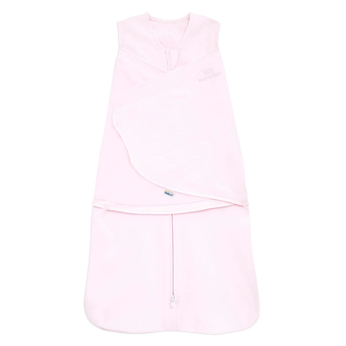 HALO Sleepsack Swaddle in soft pink, front view, secure sleep for newborns.