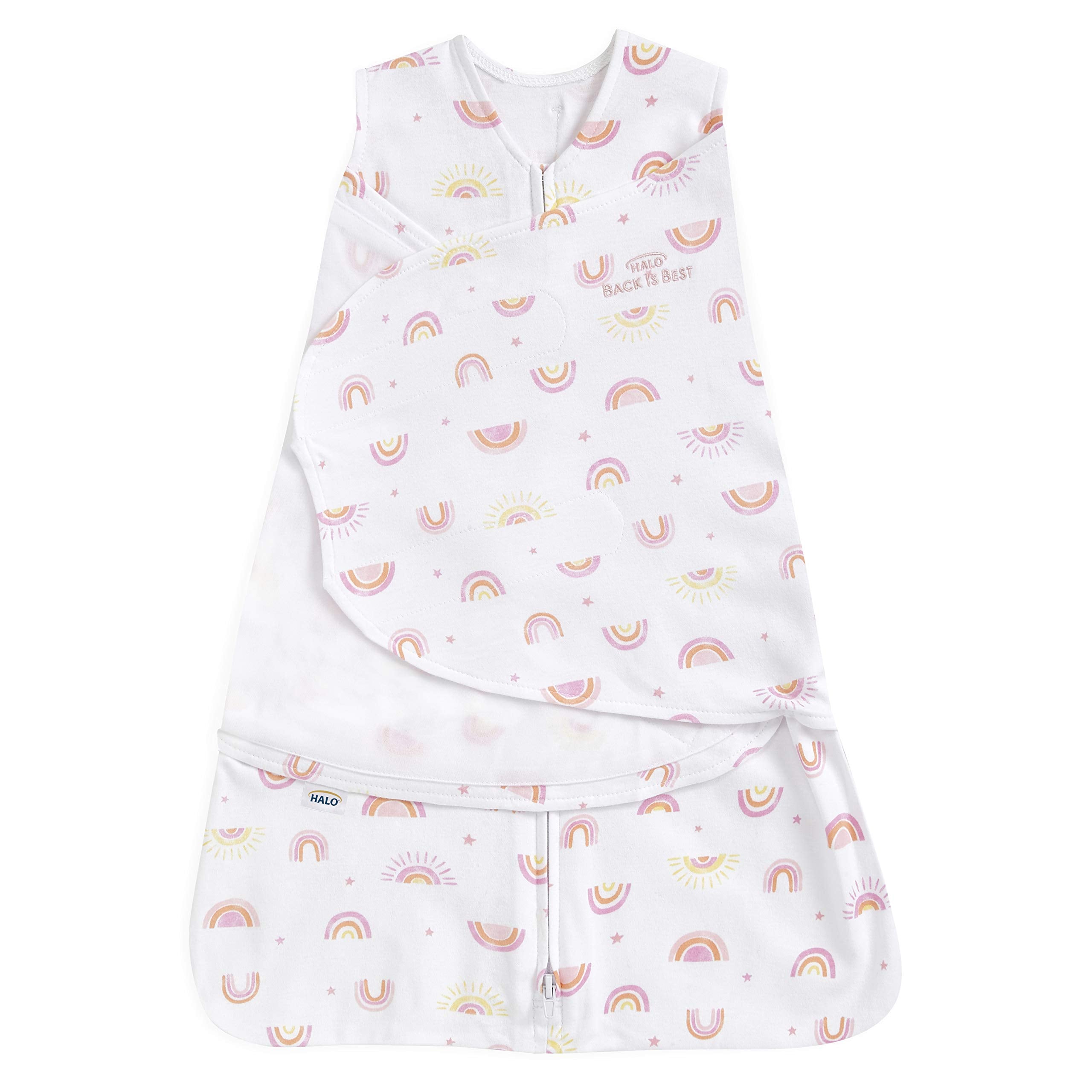 HALO Sleepsack Swaddle Sunshine Rainbows flatlay for safe, cozy newborn sleeping