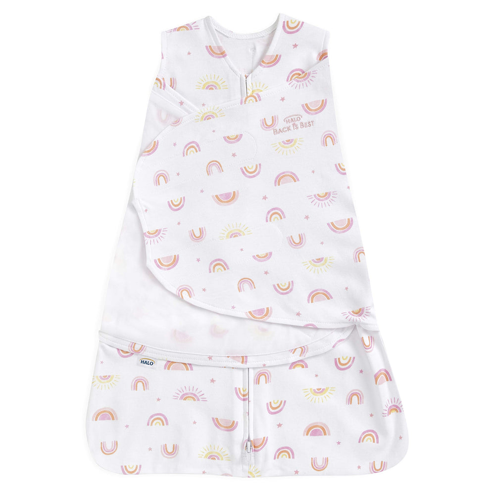 HALO Sleepsack Swaddle Sunshine Rainbows flatlay for safe, cozy newborn sleeping